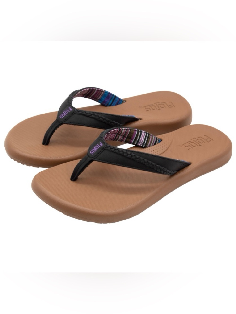 Flojos Women’s Flip Flops Sandals with Black Purple Patterned Straps Size 6 NWT